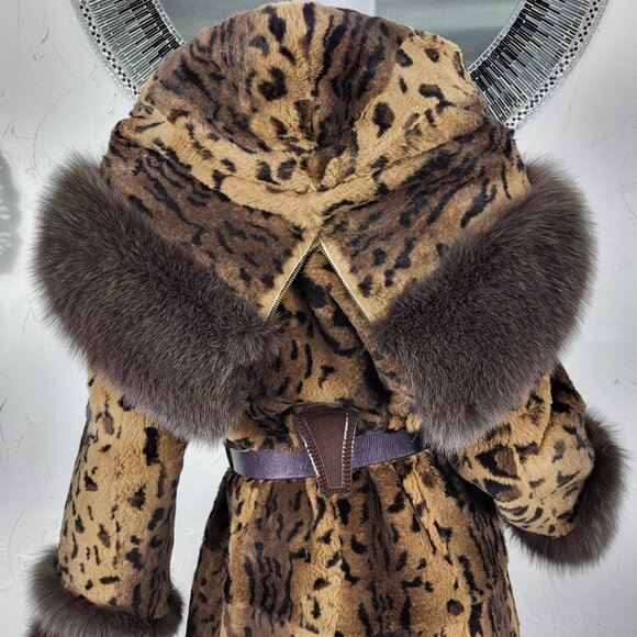 MITCHIE'S~M/L~BROWN GENUINE FOX FUR REAL RABBIT LEOPARD ANIMAL PRINT HOODED COAT - Picture 14 of 16